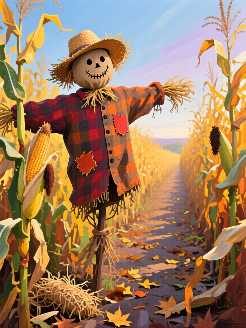 a scarecrow among tall corn, on a crisp autumn morning, composed along a natural leading line.