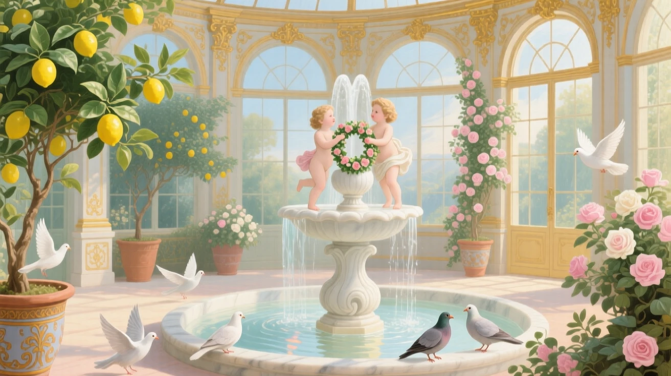 A sunlit conservatory filled with lemon trees, doves, and a marble fountain  