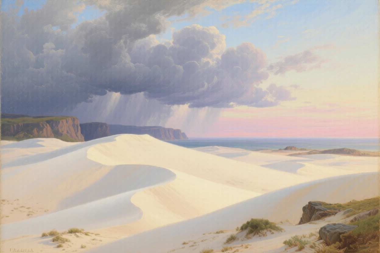 Undulating dunes of pale sand under a vast sky.