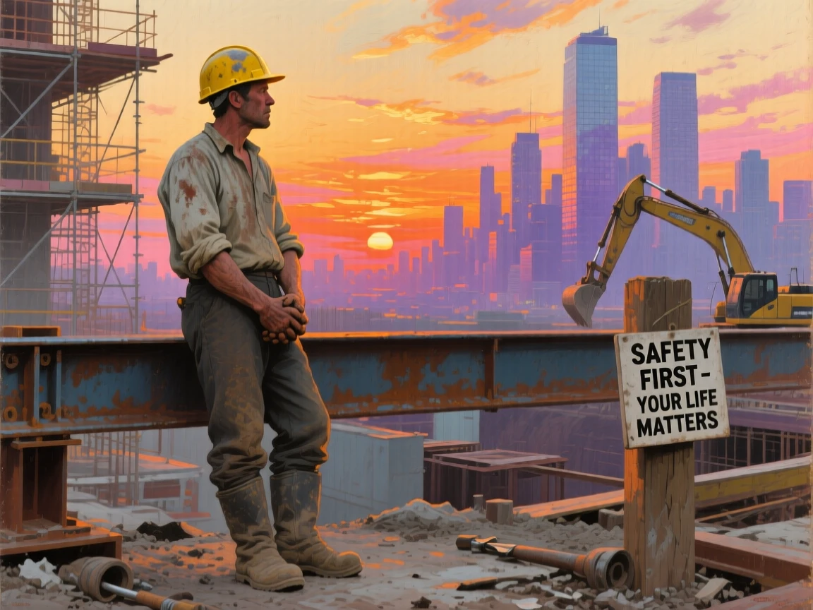 A construction worker pausing to watch a brilliant sunset over the city skyline, their hands shown in careful, expressive detail, telling a complete story through a single powerful expression