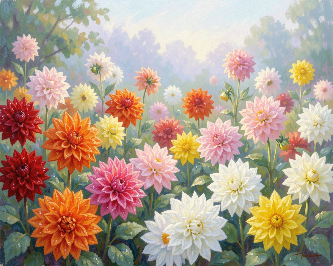A garden of blooming dahlias in every color, dew still clinging to the petals in early morning light.