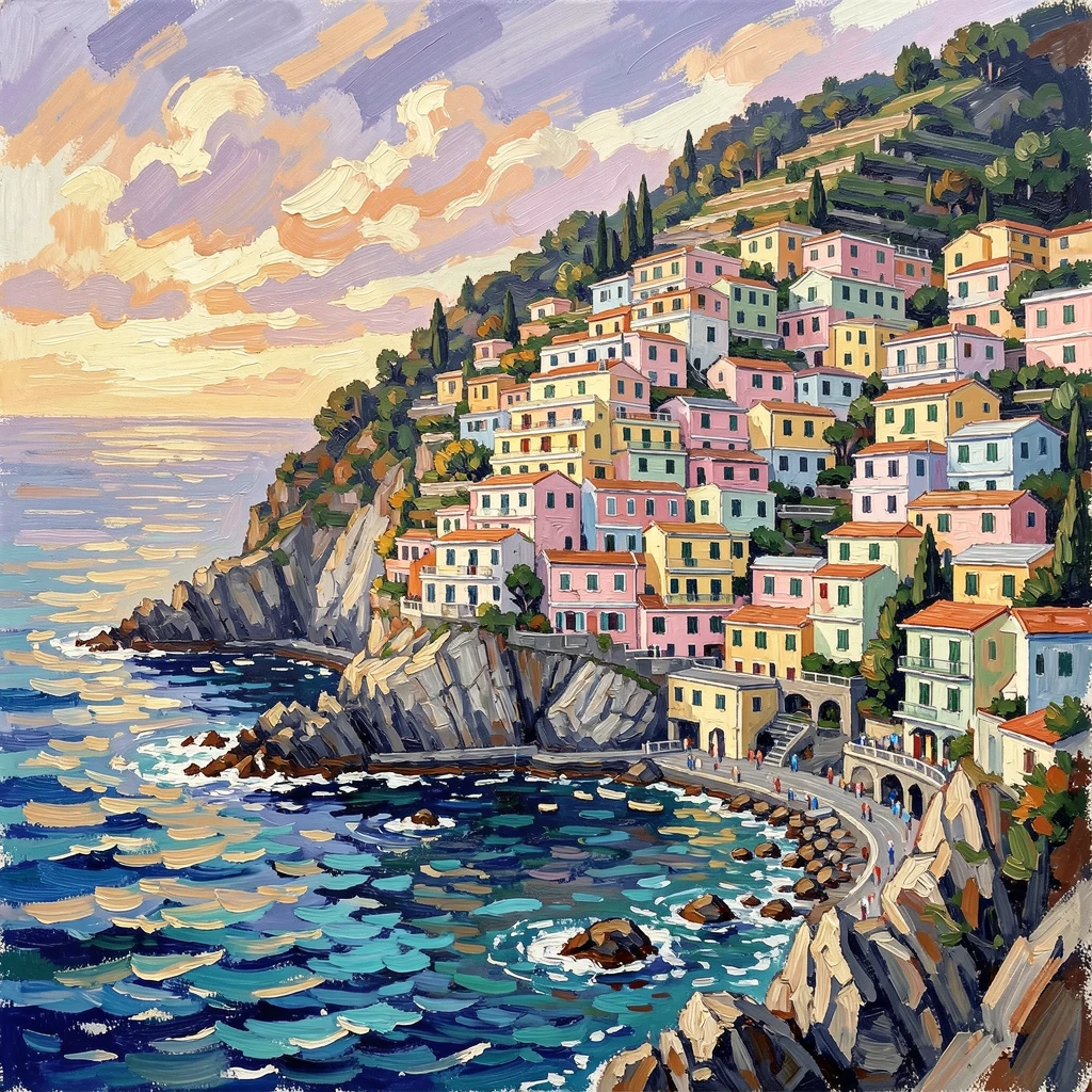 A hillside town in Cinque Terre, layered pastel houses tumbling toward the sea.