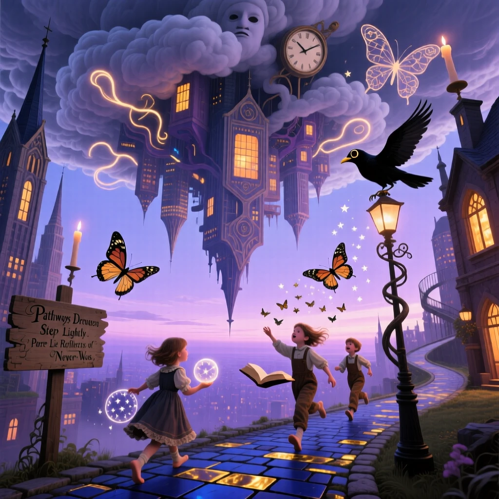 An upside-down city hanging beneath a cloud bank drifts slowly across a lavender horizon, while children run along paths that curve into the sky.