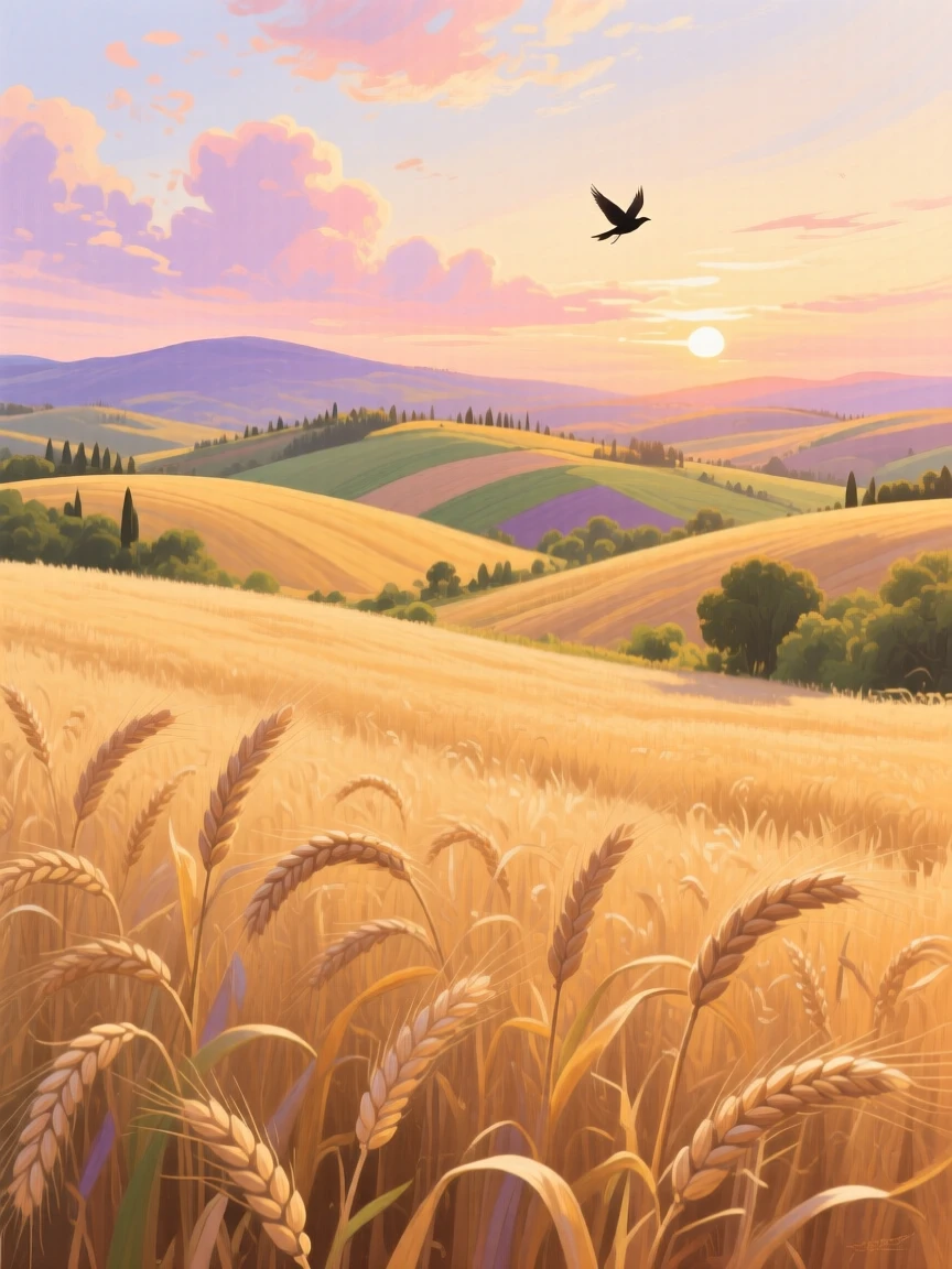 A soft golden hour settles over the wheat fields of Tuscany, rolling hills glowing amber beneath scattered clouds tinged pink by the setting sun, the silence broken only occasionally by the call of a bird crossing the open sky.