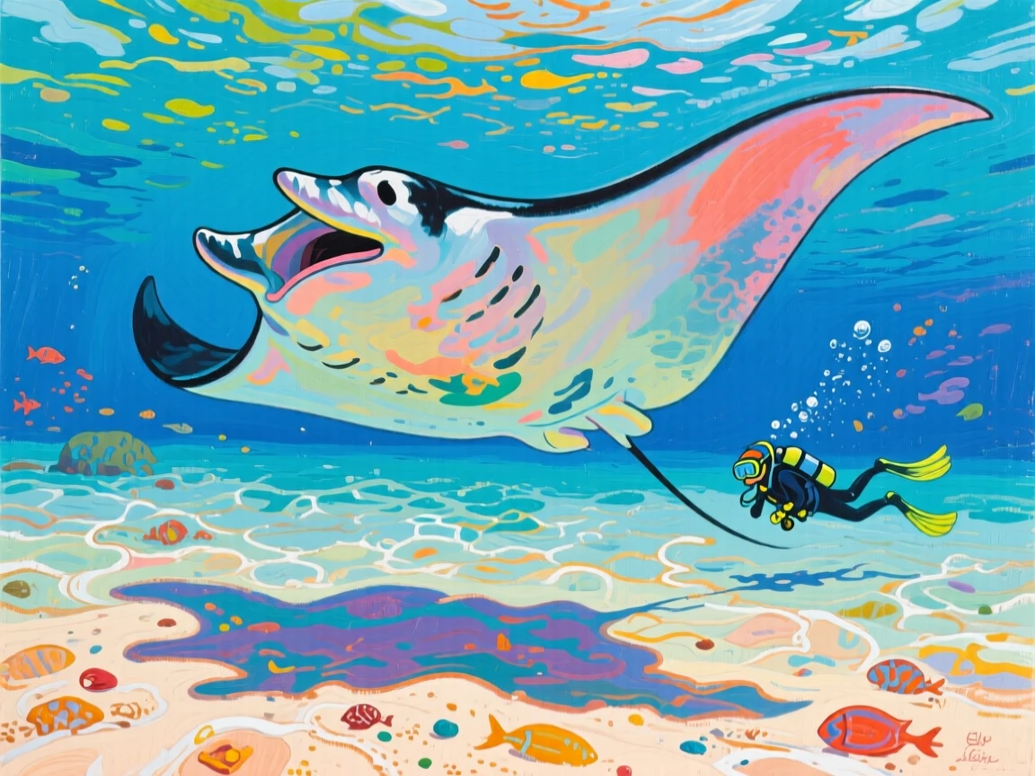 A giant manta ray gliding gracefully over a sandy seafloor with a diver trailing behind