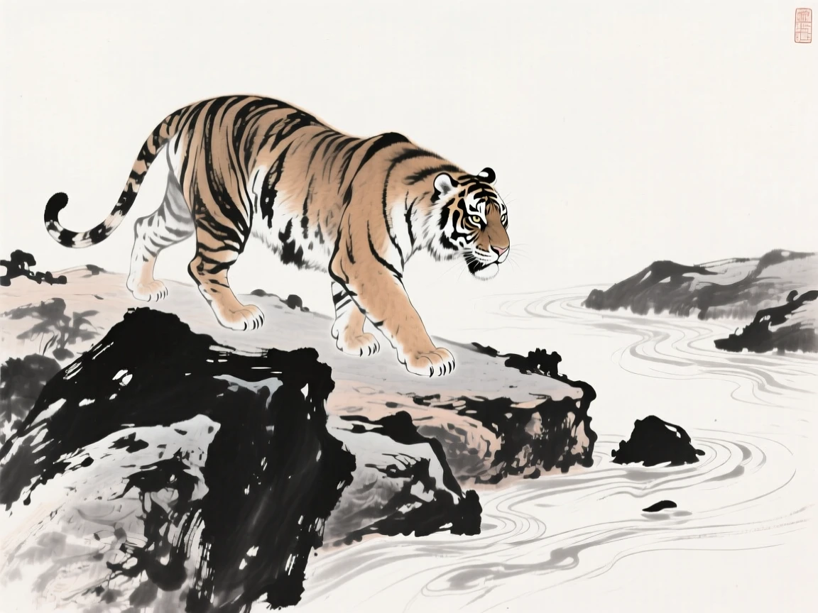 A tiger prowls silently along a rocky riverbank, with its muscles tensed and eyes fixed ahead.