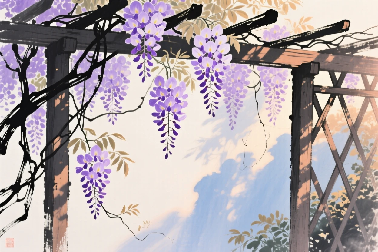 Wisteria cascading in purple clusters over a garden trellis, in the soft light of late afternoon.