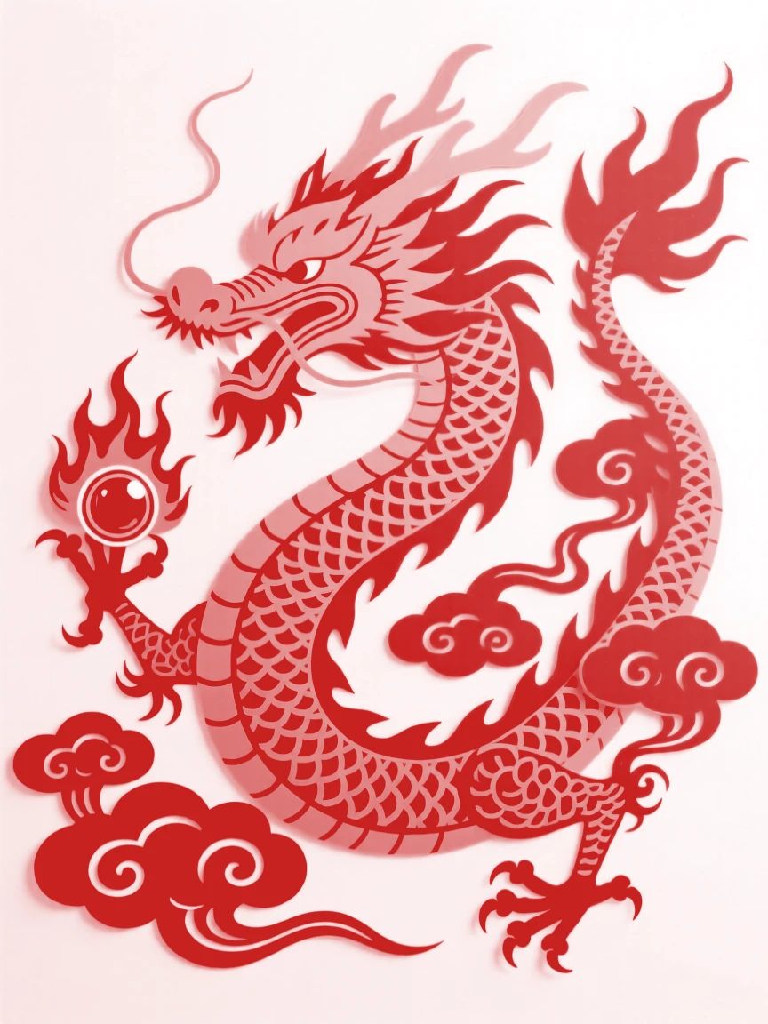 A golden dragon coiling through billowing clouds, its claws gripping a flaming pearl, whiskers streaming in the wind
