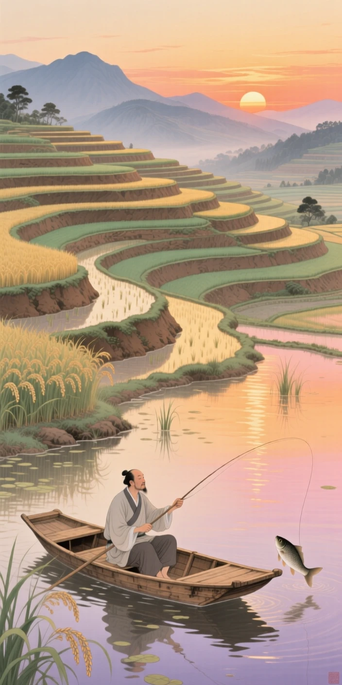 A terraced rice paddy reflecting the sunset, with a single fisherman casting a line from a small boat