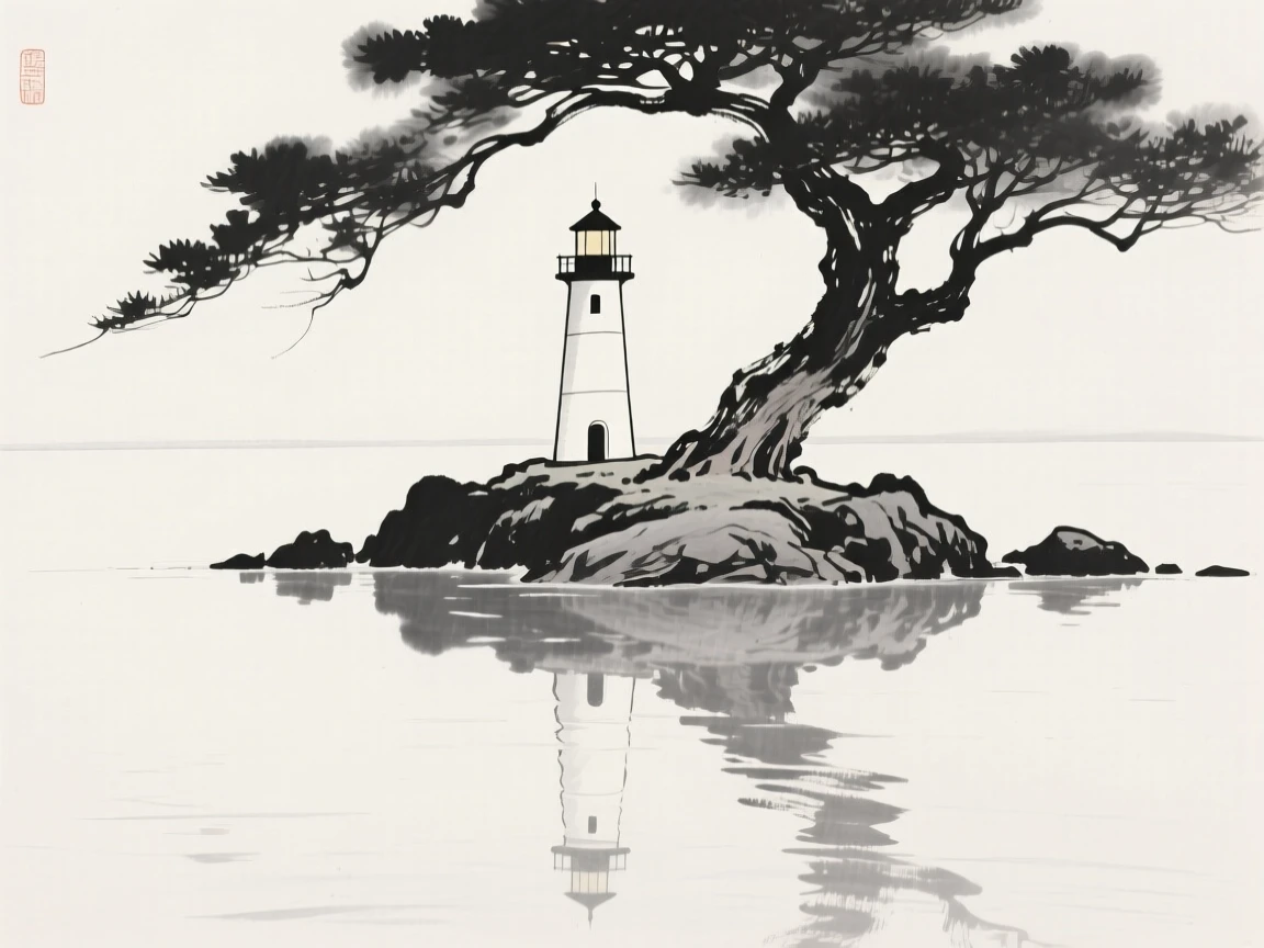 A lone lighthouse on a rocky point beneath the shade of an ancient tree, seen from across still water, reflected on the surface, capturing a serene blend of nature and human presence.