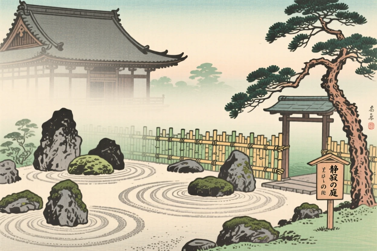 A raked zen rock garden, wrapped in a gentle morning mist.