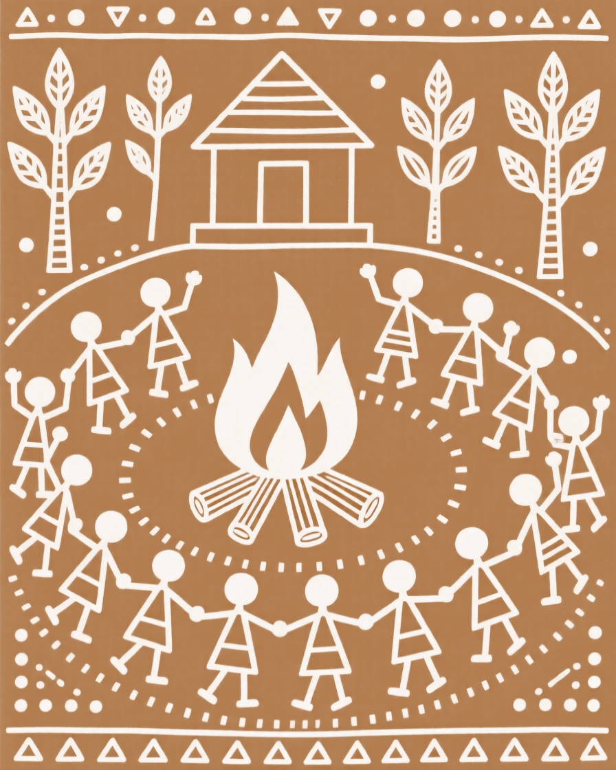 A temple procession celebrated with dancers forming rows around a bonfire.