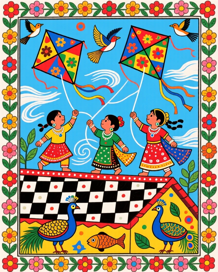 Children flying colorful kites from a rooftop on a breezy afternoon.