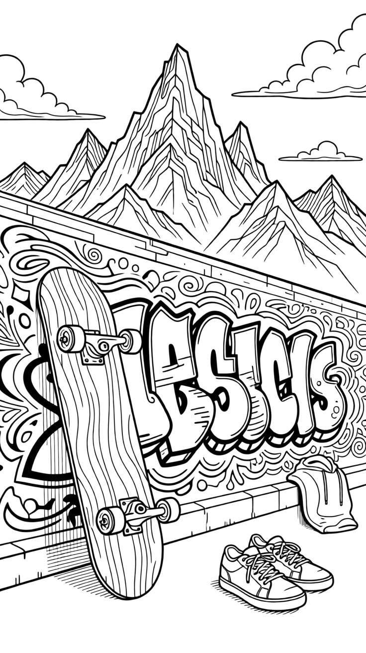 A skateboard resting against a graffiti-covered wall, with mountains rising dramatically in the background.