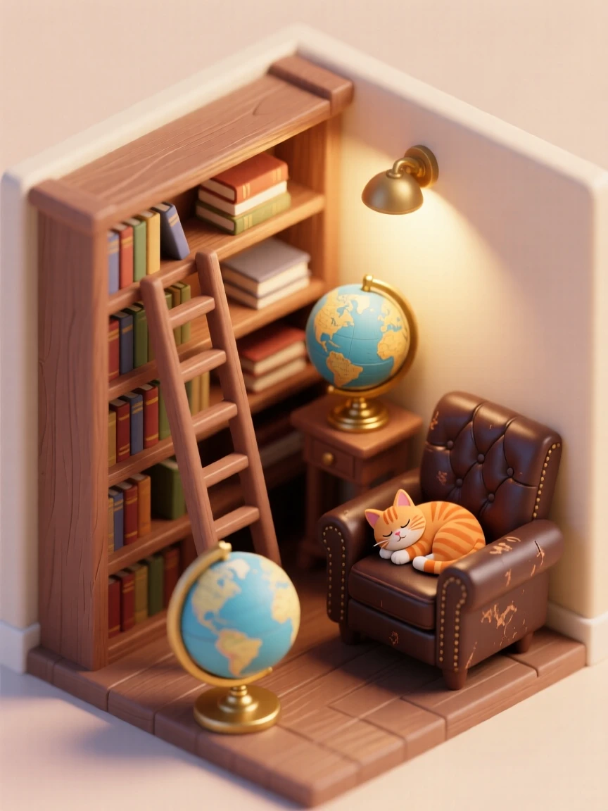 A cozy home library with a rolling ladder, stacks of books on every shelf, a globe in the corner, and a cat napping on a worn leather chair.