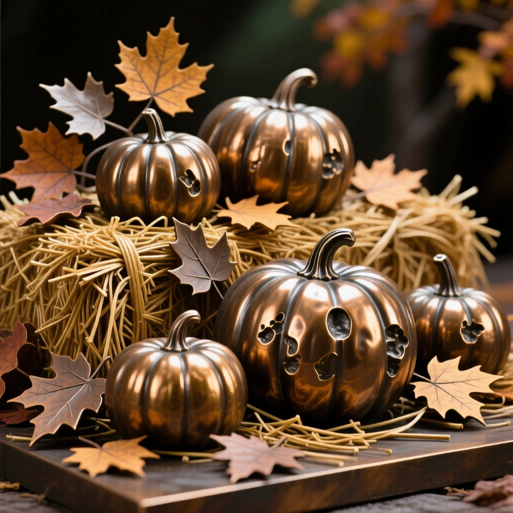 An autumn harvest scene with pumpkins and golden hay, capturing the mood and atmosphere of the season in rich, immersive detail