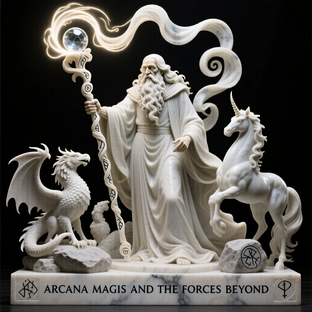 An epic scene of a wise old wizard conjuring swirling light from his staff, with mythical creatures gathered nearby, evoking myth and grandeur