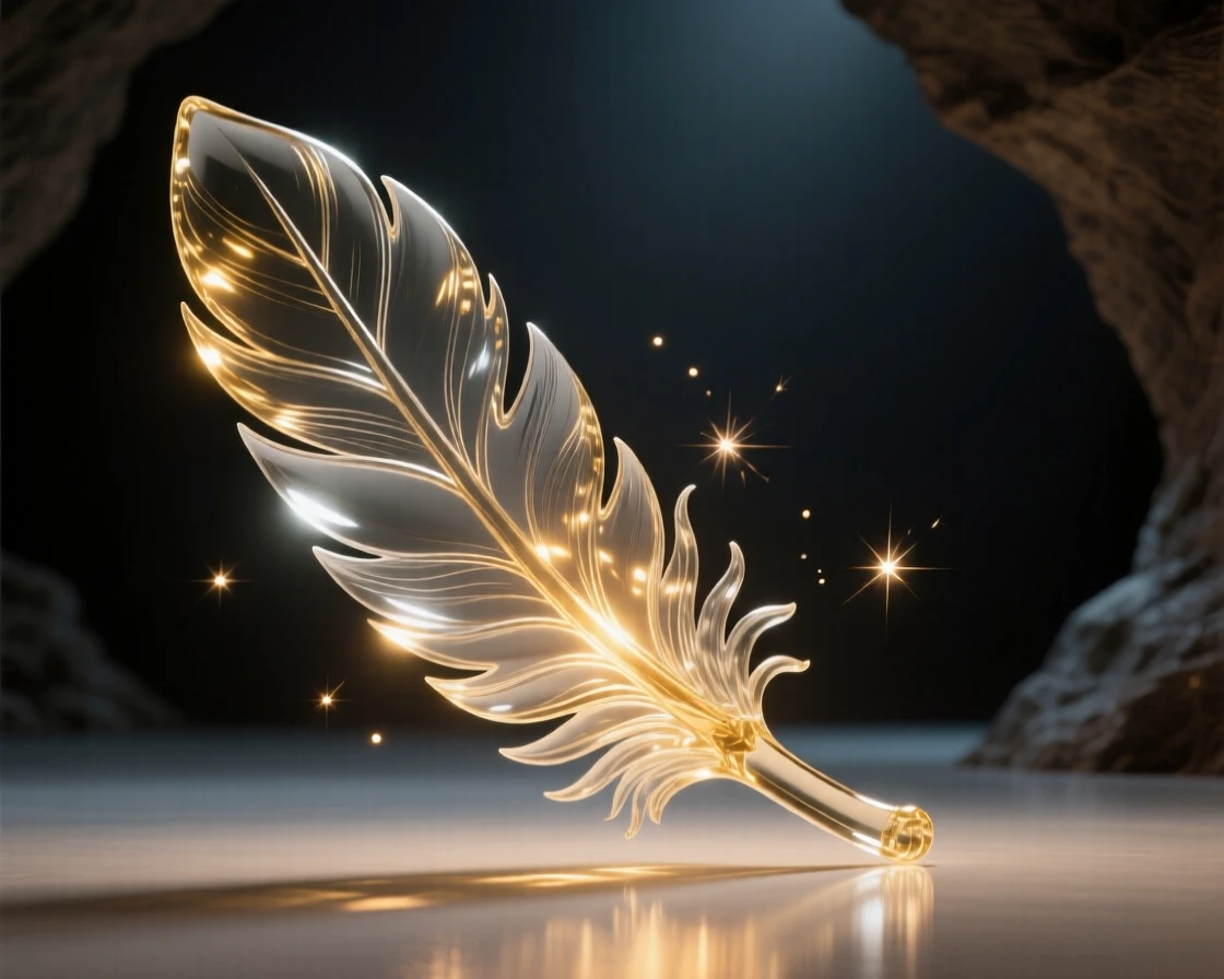 A phoenix feather glowing softly in a dark cave, bathed in soft magical light with drifting sparkles in the air, epic and awe-inspiring composition, evoking wonder and adventure.