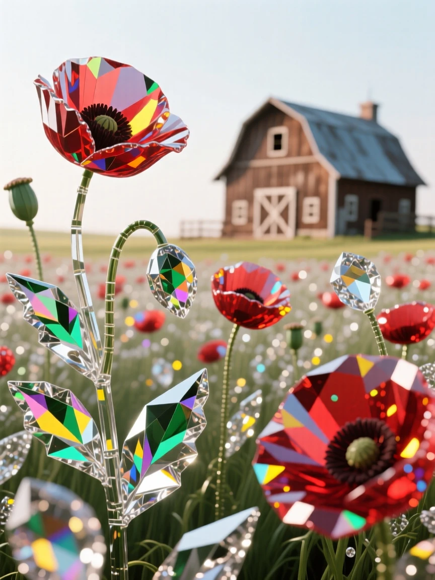A field of poppies swaying gently with a distant rustic barn in the background.