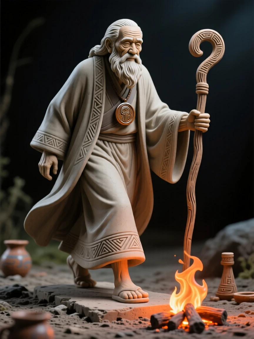 A village elder telling stories by firelight striding forward with purposeful authority, surrounded by symbols of ancient heritage, radiating dignity, honor, and cultural pride.