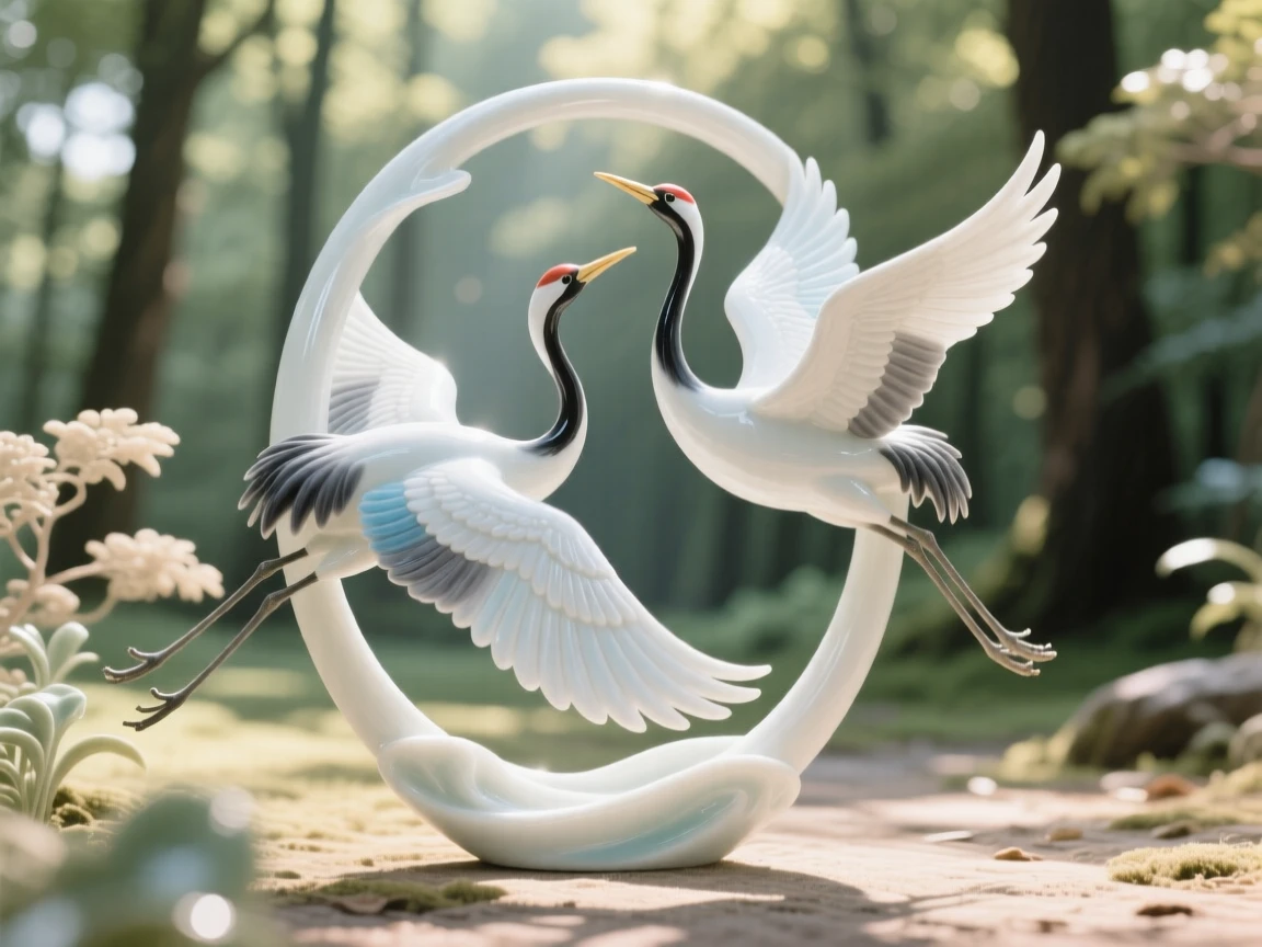 A pair of cranes circling gracefully in flight beside a sunlit forest clearing.