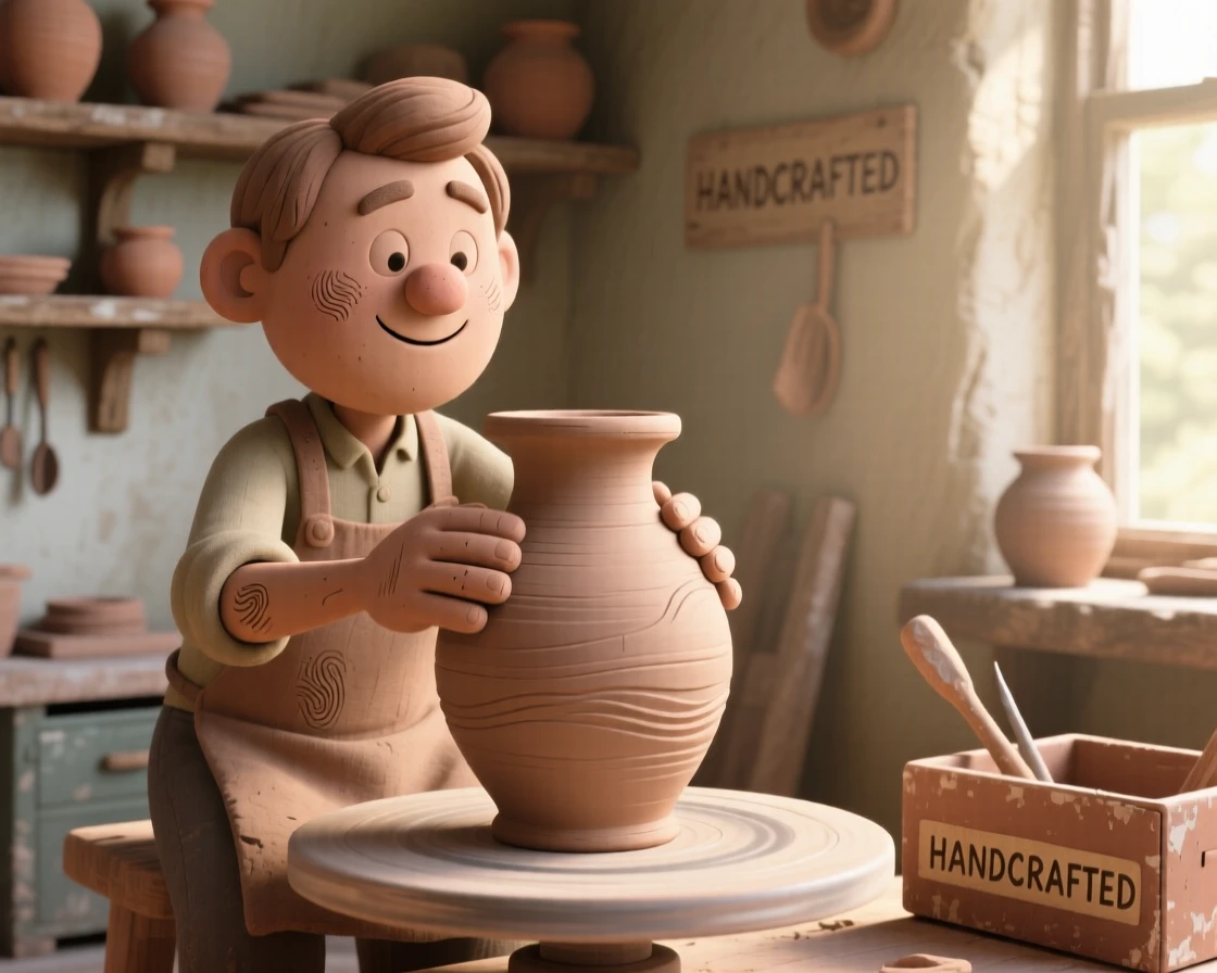 A potter shaping a vase on a spinning wheel in a sunlit studio