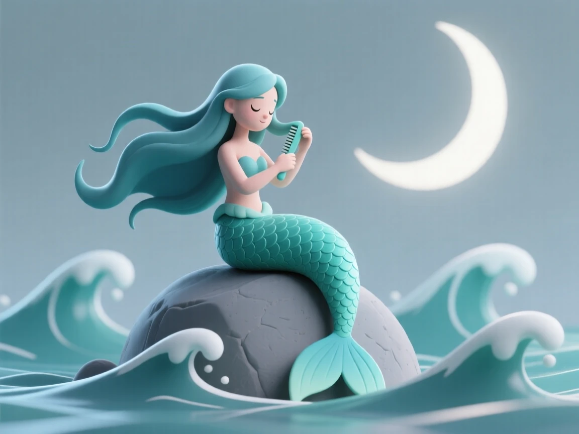 A graceful mermaid with shimmering blue-green scales combs her long hair while perched on a moonlit rock above crashing waves.