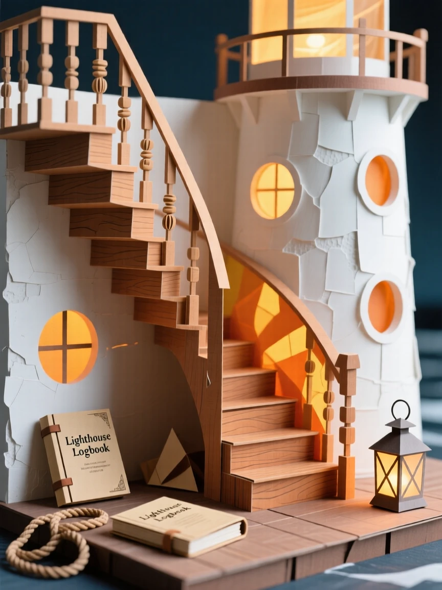 A spiraling wooden staircase inside a lighthouse, warm light glowing from small round windows along its curve, evoking quiet maritime history.