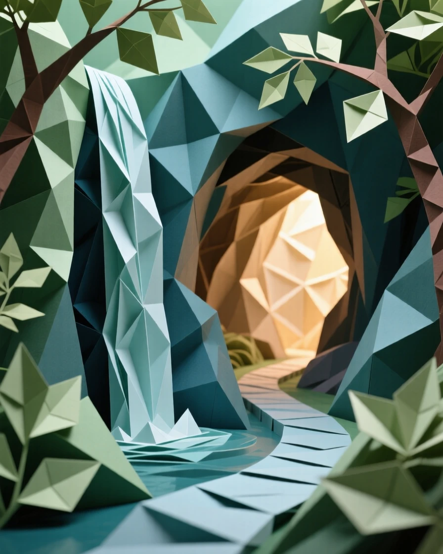 A hidden waterfall behind which a narrow path leads into a glowing cave.