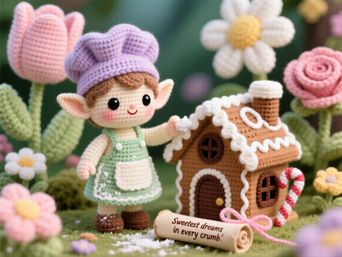In an enchanted garden blooming with oversized flowers, a tiny elf baker apprentice with flour on her small apron is captured frosting a tiny gingerbread house, surrounded by a tiny scroll tied with a ribbon, filled with a cozy, storybook enchantment.