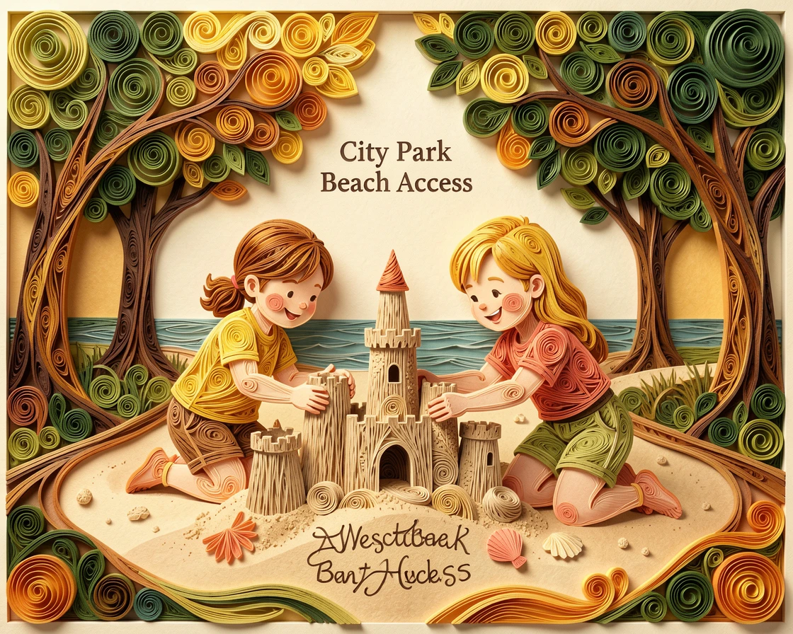 two siblings building a sandcastle together at the beach, on a tree-lined path in a city park, composed with warm golden light wrapping around the scene, in a warm, nostalgic color palette.