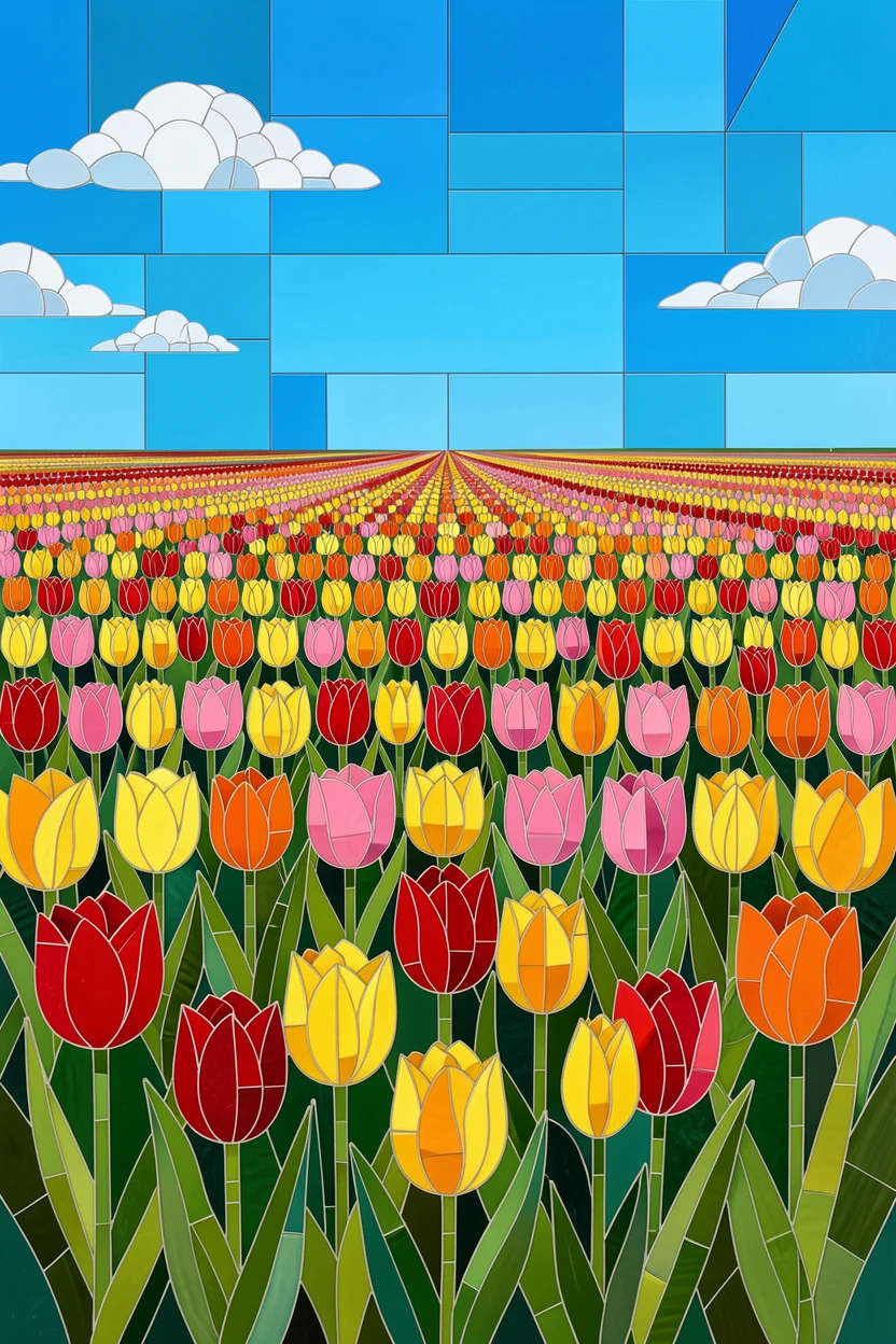 An endless tulip field in the Netherlands under a bright blue sky.