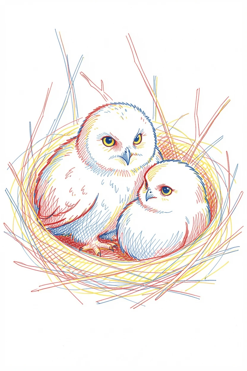 A snowy owl chick nestled among its siblings in a hidden nest