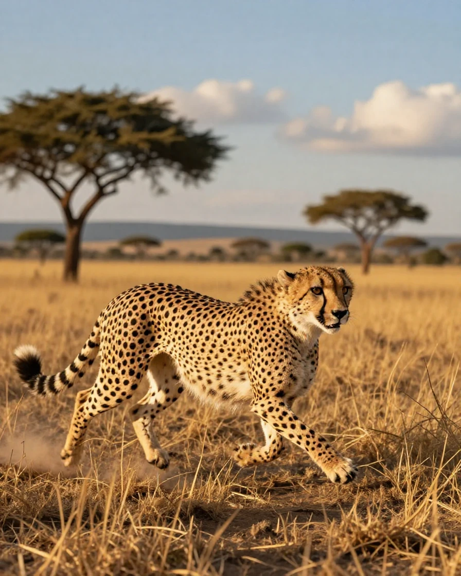A cheetah sprinting across the African plains
