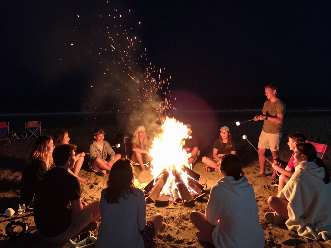 A giant bonfire crackles at the center of a beach gathering as sparks rise into the night sky.