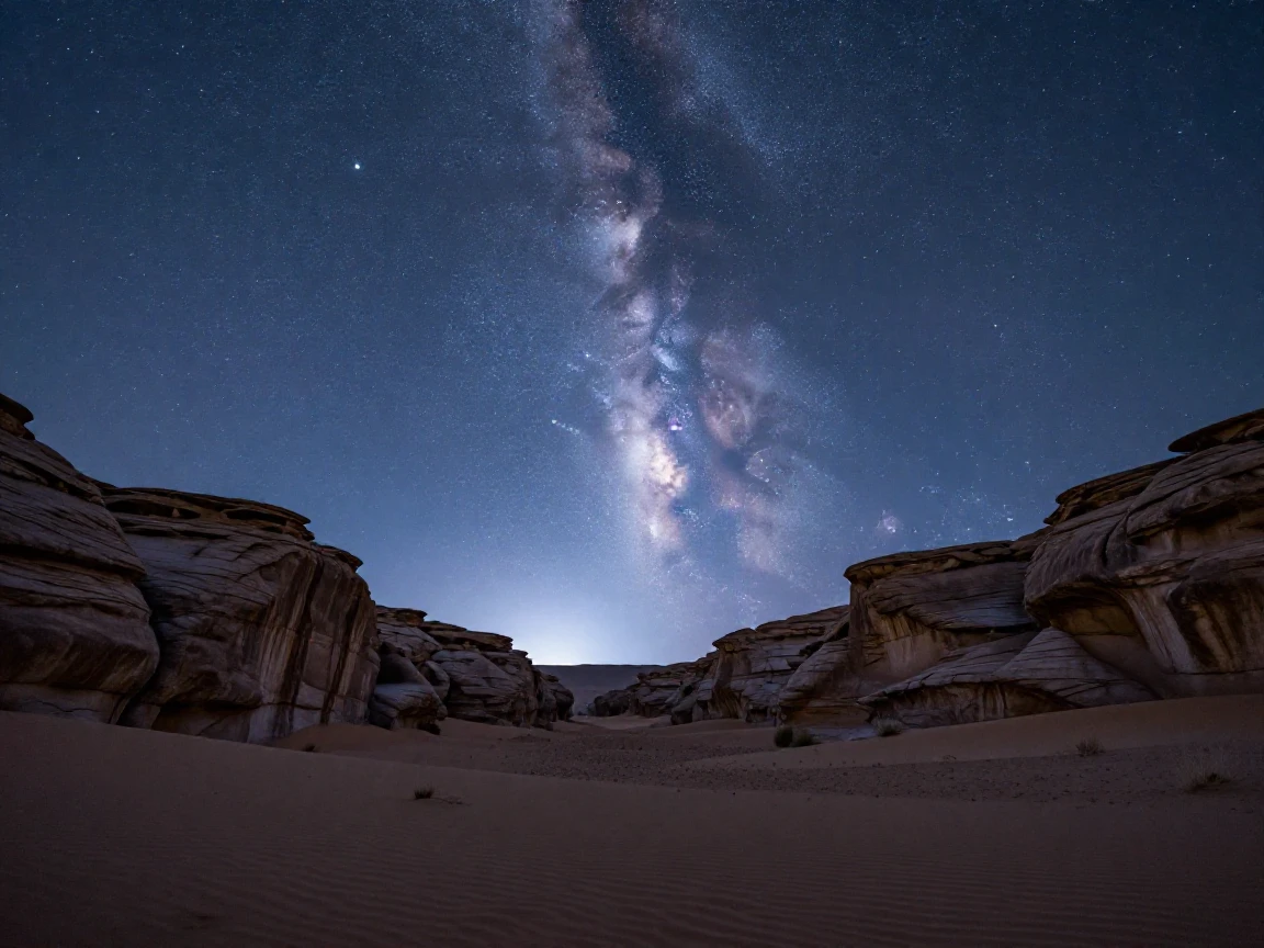 A star-filled night sky glowing above a silent desert canyon