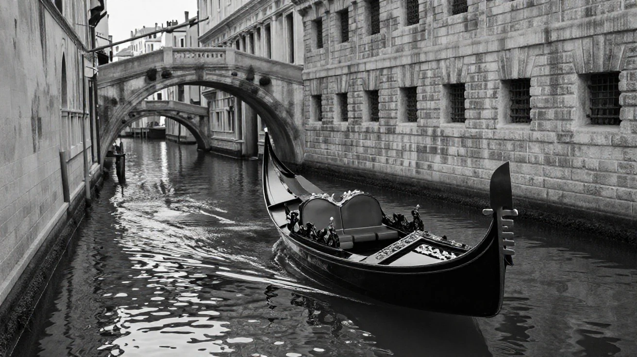 A gondola glides along a quiet canal beneath old stone bridges.