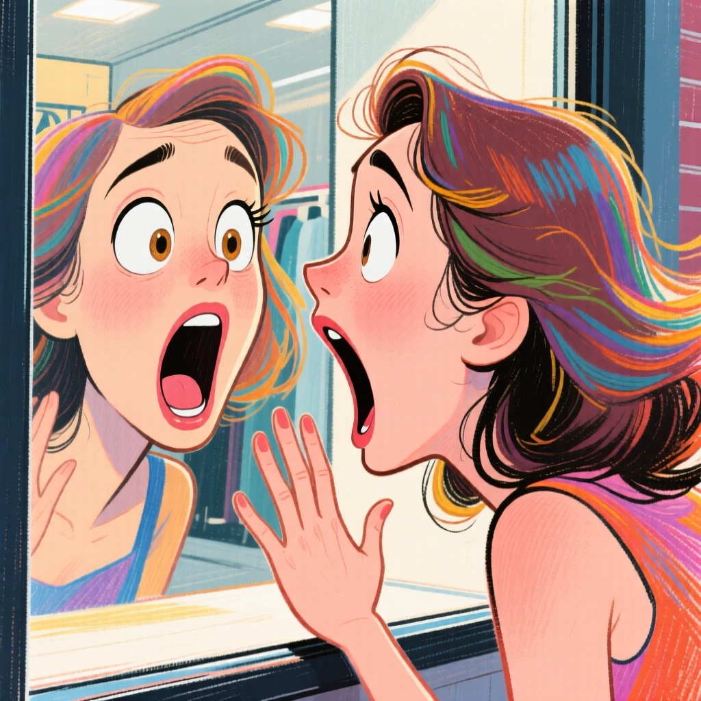 A woman gasping dramatically while catching her reflection in a store window.