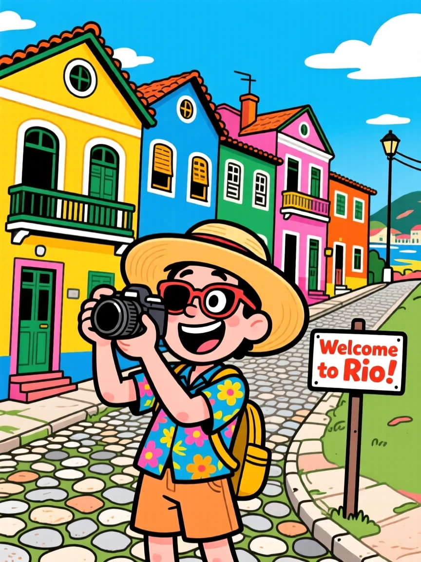 An iconic travel scene featuring a tourist snapping a photo of the colorful houses lining the streets of Rio de Janeiro.