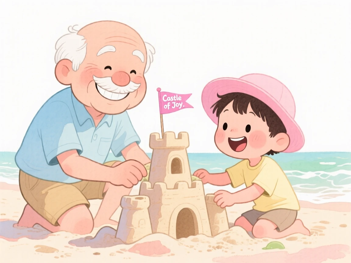 A grandfather and grandchild building a sandcastle at the beach