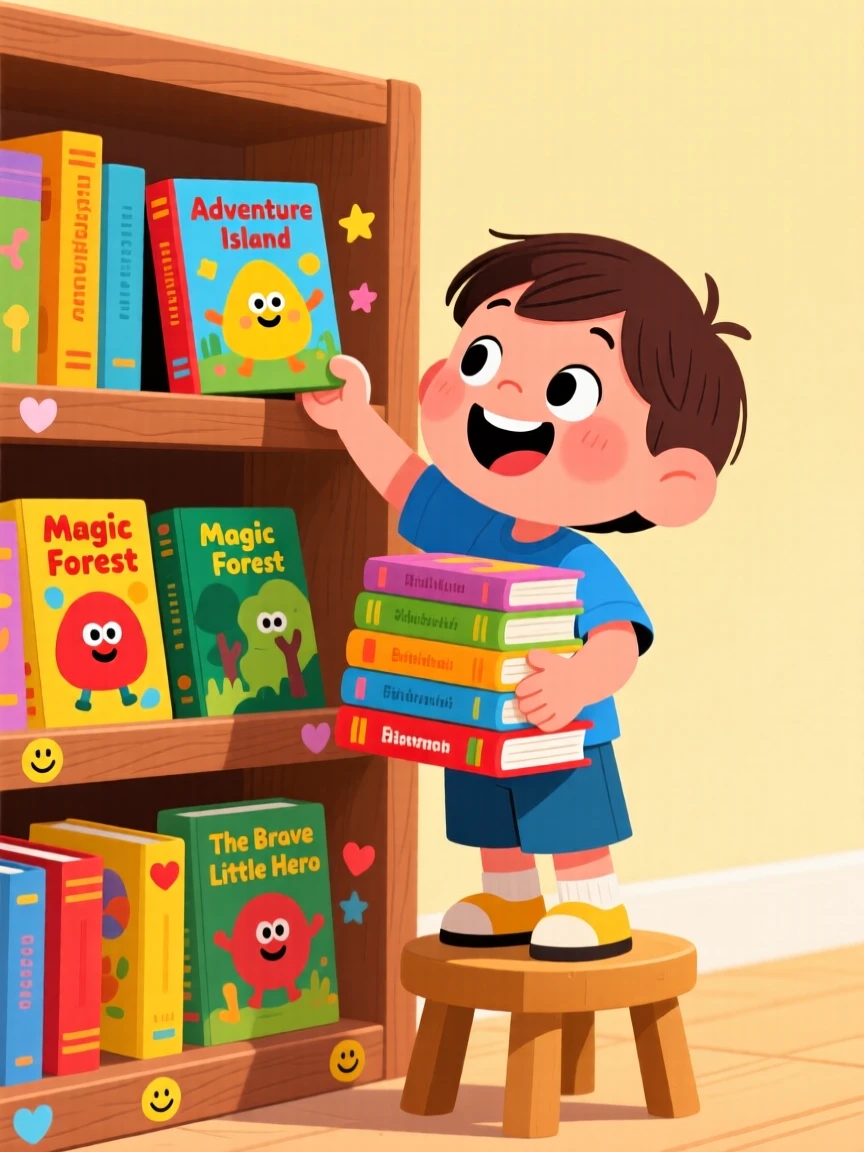 A child organizing a shelf of colorful storybooks.