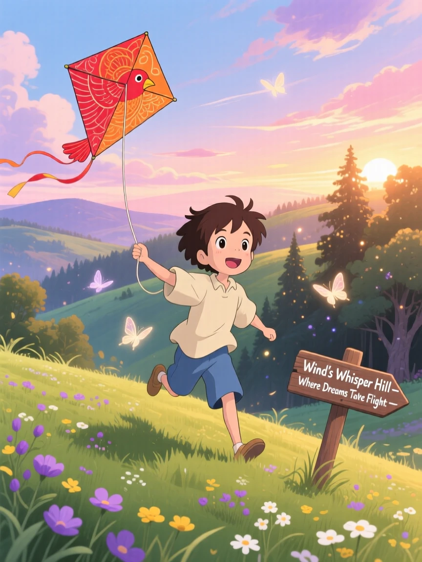 A boy flying a kite on a windy hilltop, the moment warmly nostalgic.