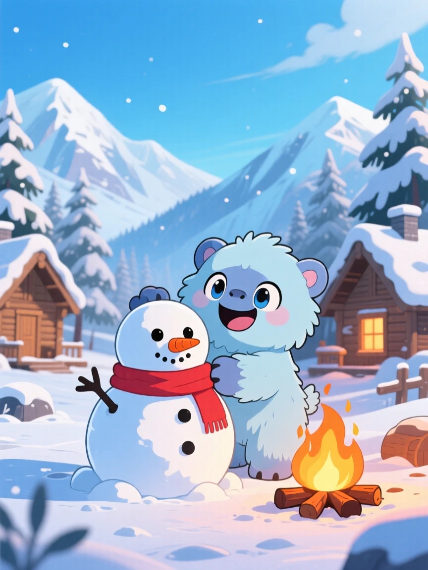 In a frosty mountain village, a gentle ice yeti cub is building a snowman twice its size under a clear summer sky, bathed in cozy firelight, expression full of giggling amusement. Shot as a symmetrical front-on view.