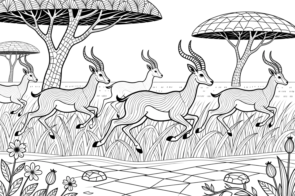 A herd of antelope leaping through tall savanna grass.