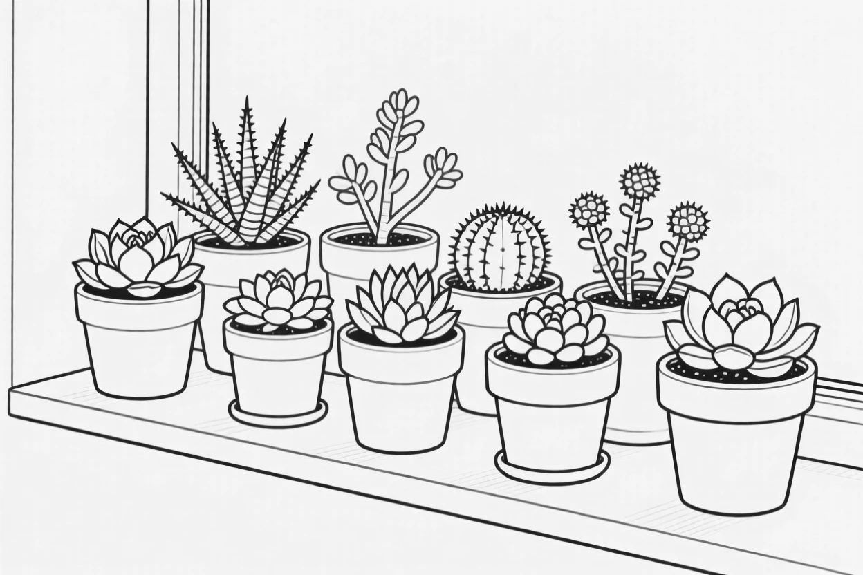 A potted succulent garden arranged on a windowsill