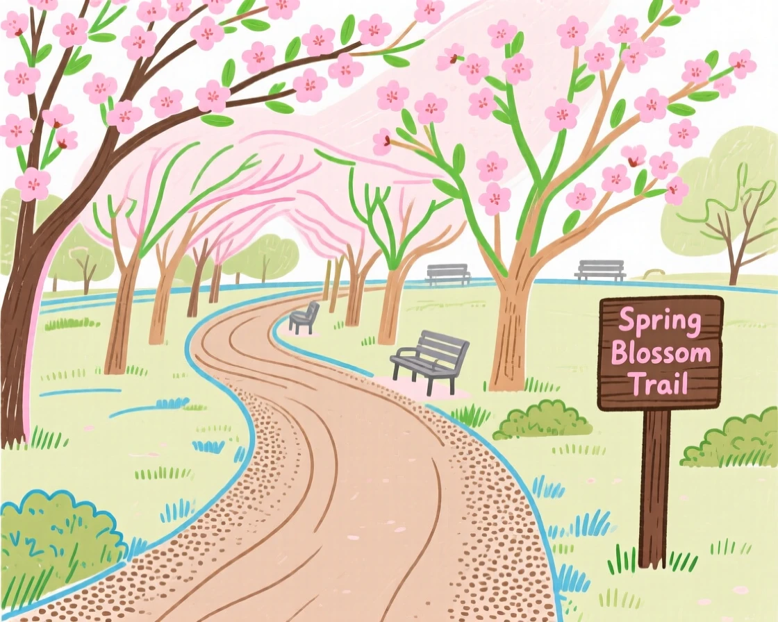 A cherry blossom-lined path through a spring park.
