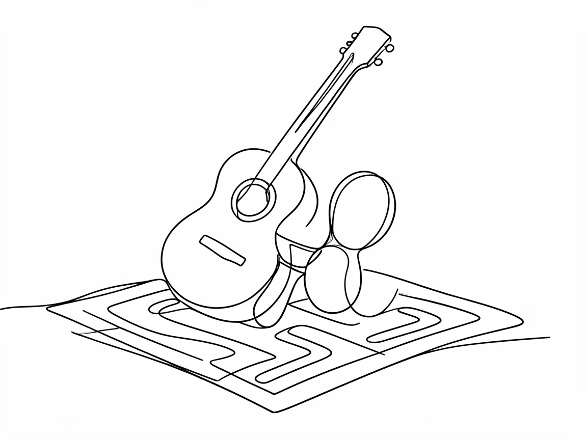 A pair of maracas resting beside a guitar on a colorful woven rug