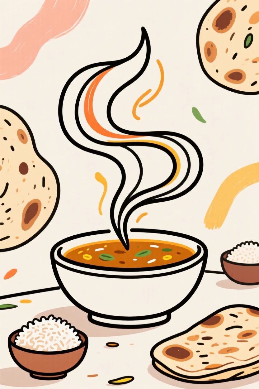 A pot of simmering curry surrounded by bowls of rice and naan bread.