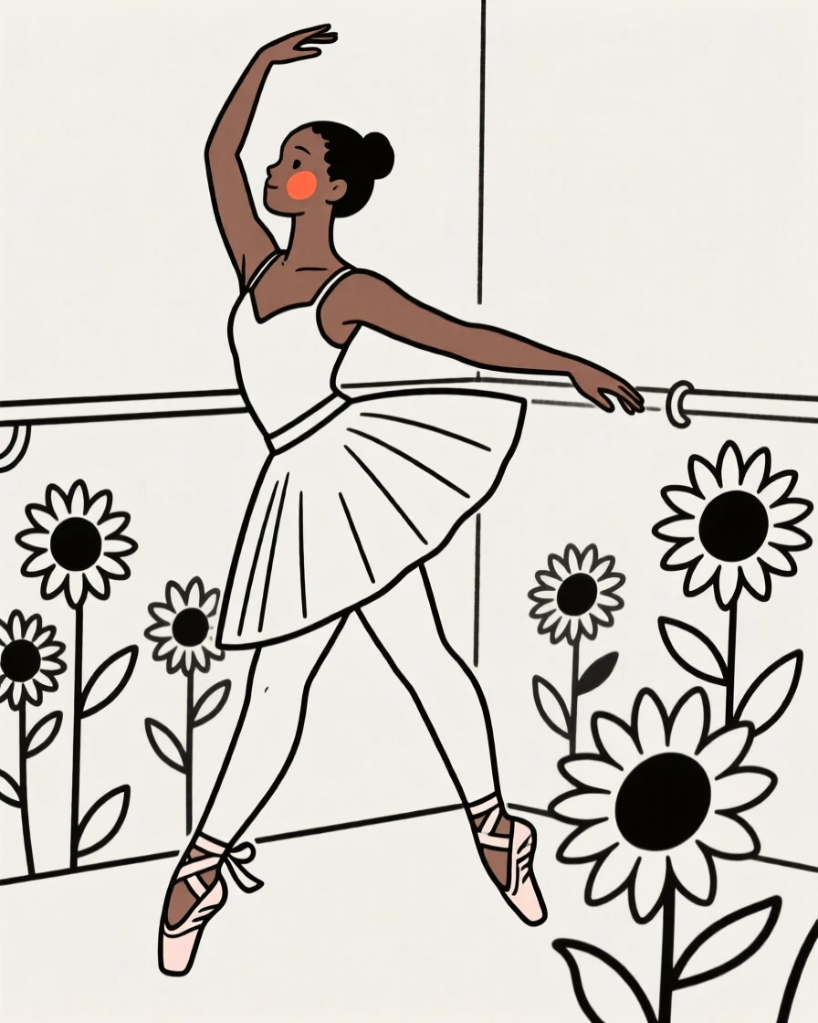 A ballet of ethiopian heritage dancer stretching backstage, glowing with nostalgia, in a sunflower field.