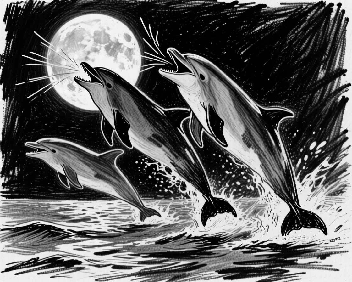 A pod of dolphins howling at a full moon.